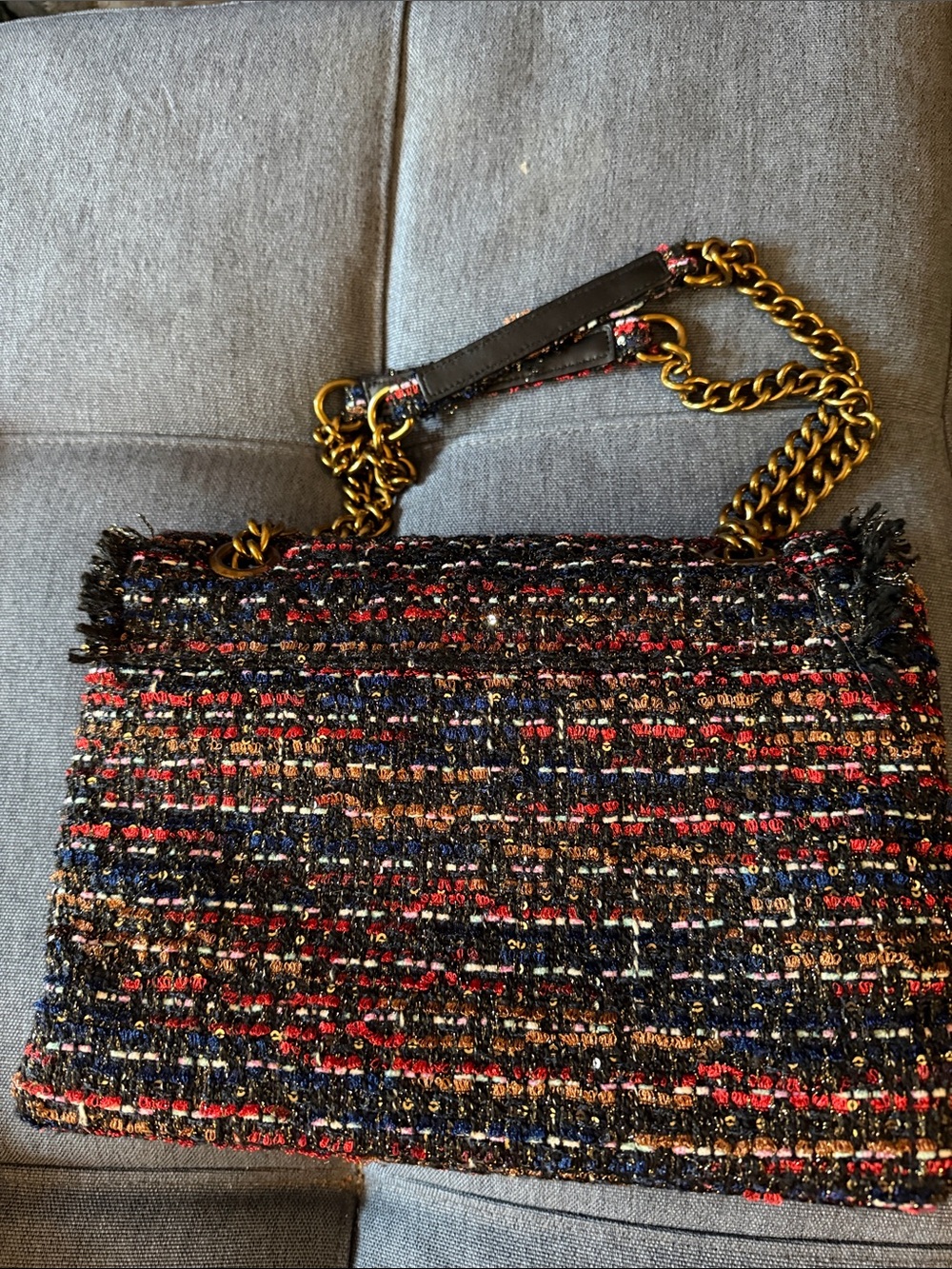 Kurt Geiger Tweed Chain Shoulder Bag in Red, Blue & Black - Picture 8 of 12